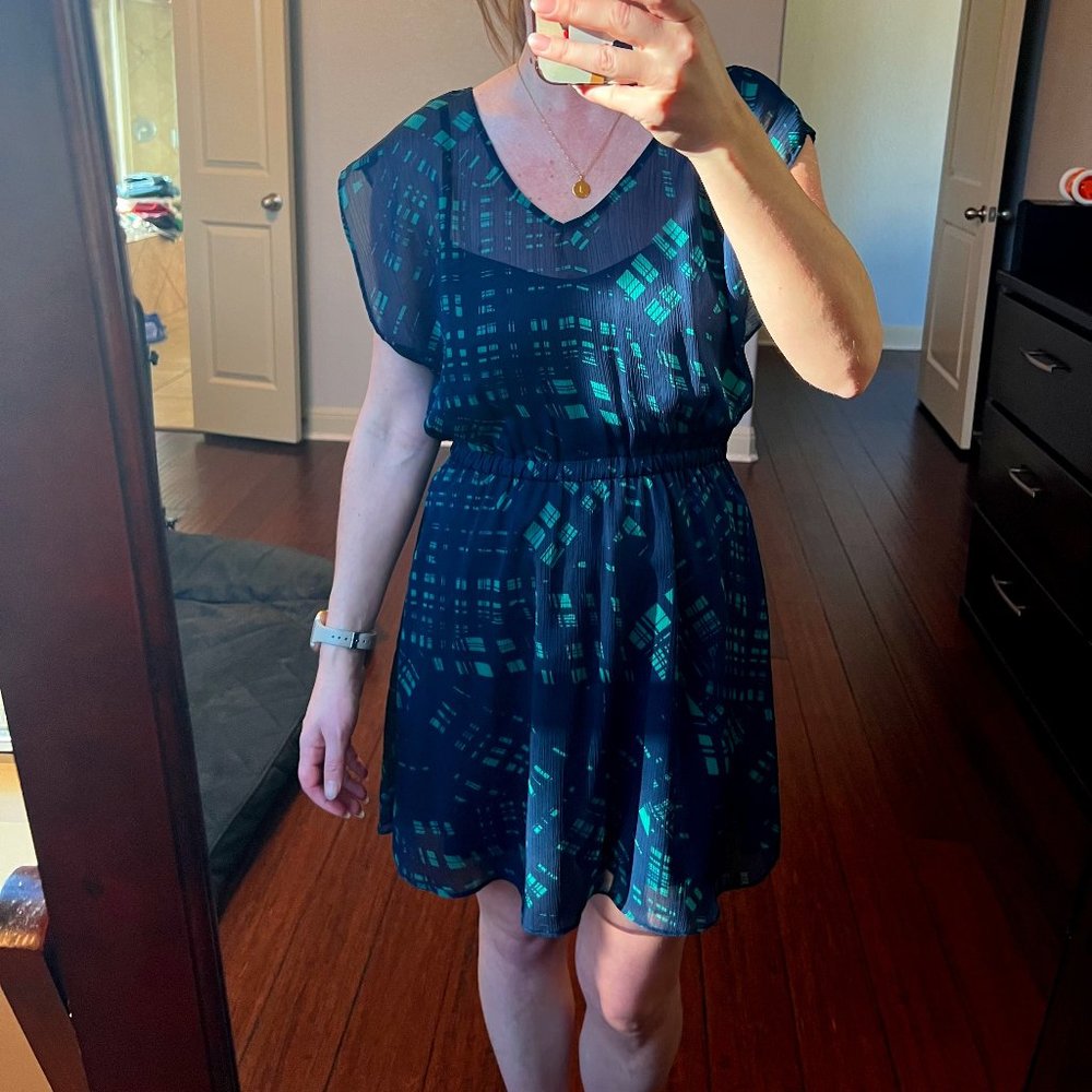 Blue Green Geometric Pattern Knee Length Casual Express Dress